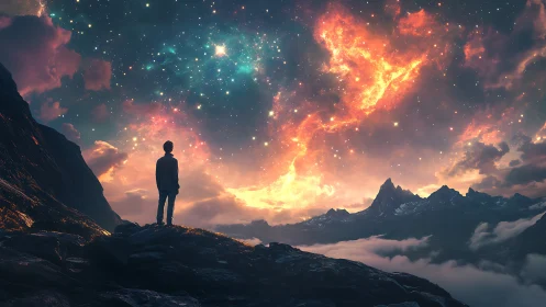 Solitary figure under blazing cosmic mountain skyscape.