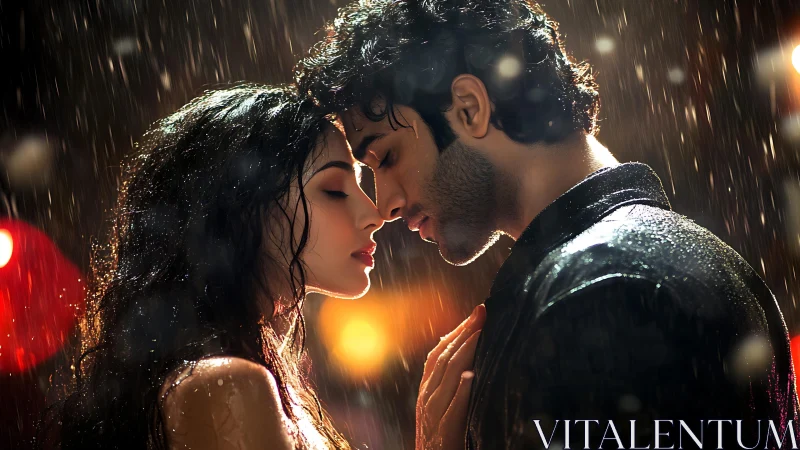 Intimate Rainy Moment: Couple's Romantic Connection in Golden Light.