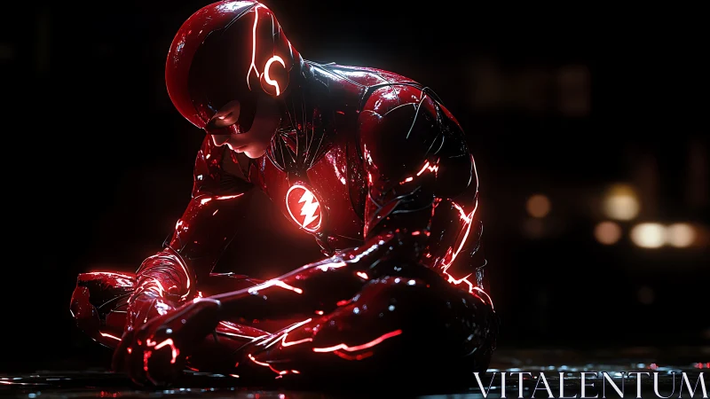 High-gloss red speedster crouched in reflective wet street