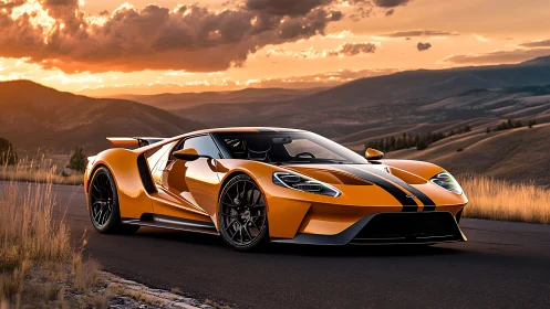 Aerodynamic orange supercar in sunset mountain roadway scene.
