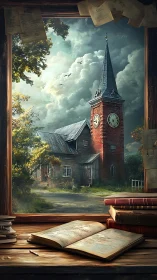 Old clocktower view framed by books and weathered window.