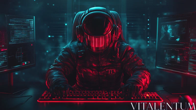 Cyberpunk hacker in reflective helmet commands neon-lit data
