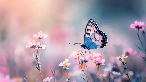 Blue butterfly on pink meadow flowers in soft pastel light.