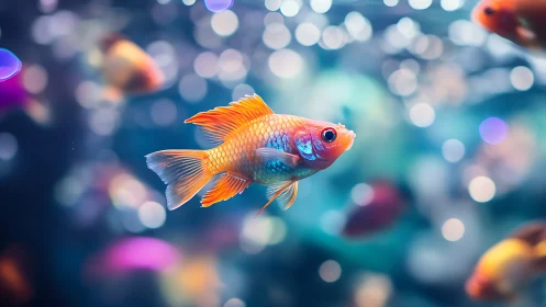 Goldfish is positioned centrally against defocused aquarium lights