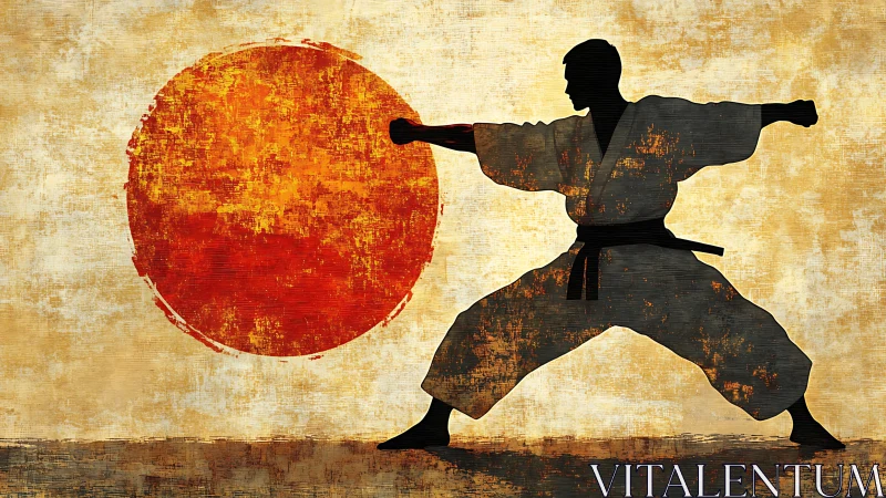 Karate silhouette confronts textured red sun in grunge field