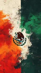 Mexican flag emblem on rough abstract painted tricolor