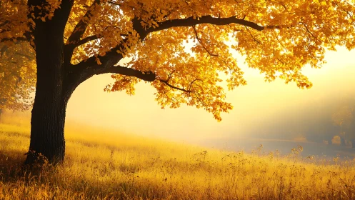 Golden autumn tree glows over sunlit meadow at sunrise