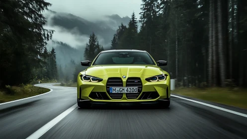Bold yellow sports car enjoys a misty forest mountain drive