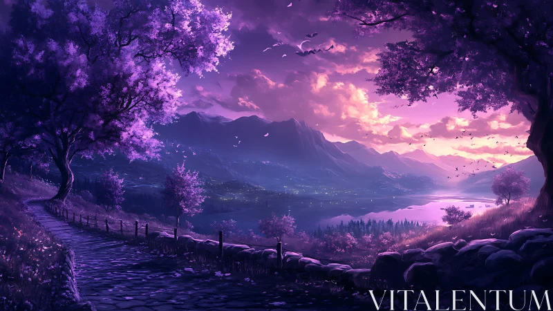 Twilight landscape shows lakeside mountains and tree-lined path