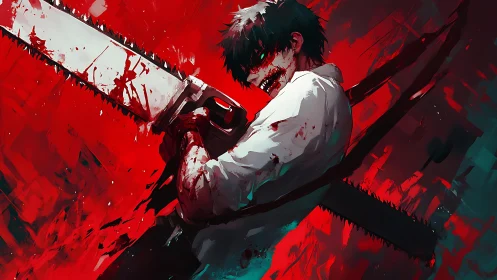 Storm of red and steel around a defiant, bloodied fighter.