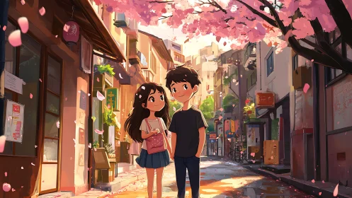 Springtime stroll under cherry blossoms in cozy alleyway.