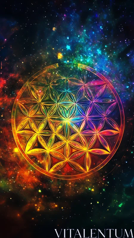 Sacred flower of life mandala glows within a cosmic nebula.