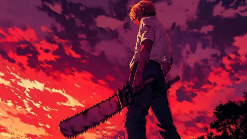 Backlit chainsaw wielder under saturated crimson storm sky