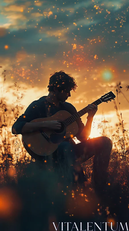 Silhouette guitarist ignites golden dusk meadow with sparks.