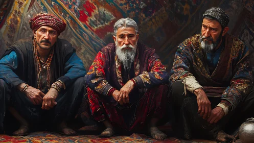 Digital painting portrait of elders in ornate textile setting.