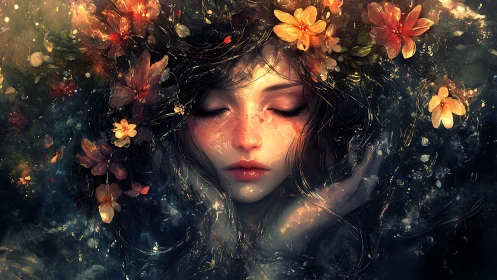 Sleeping floral muse drifts in luminous painterly darkness