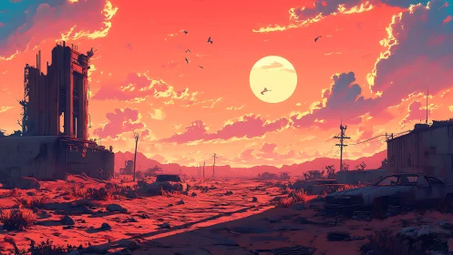 Post-apocalyptic desert horizon under saturated sunset sky.