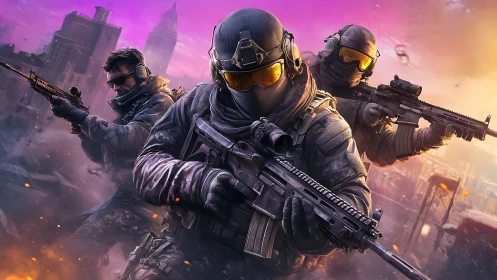 Tactical strike squad advancing through neon warzone.