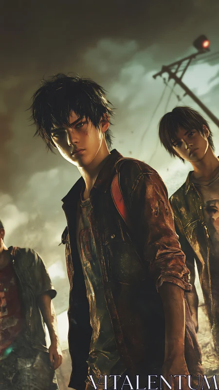 Post-apocalyptic teenage survivors under storm-lit skyline