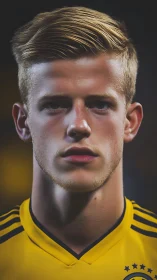 High-contrast close-up portrait of young footballer in yellow kit