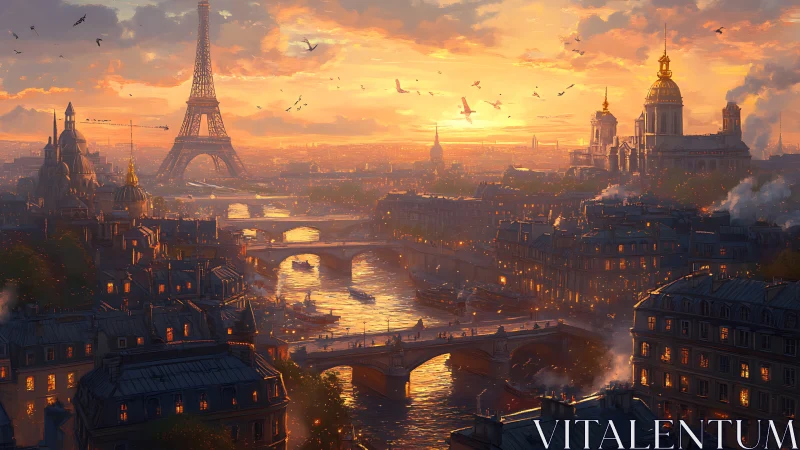 Sunset cityscape with Eiffel Tower and glowing river lights.