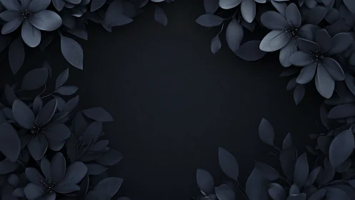 Monochrome dark floral frame with embossed petals and foliage