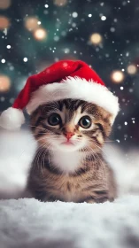 Snowy Christmas kitten gazes up with soft, hopeful wonder
