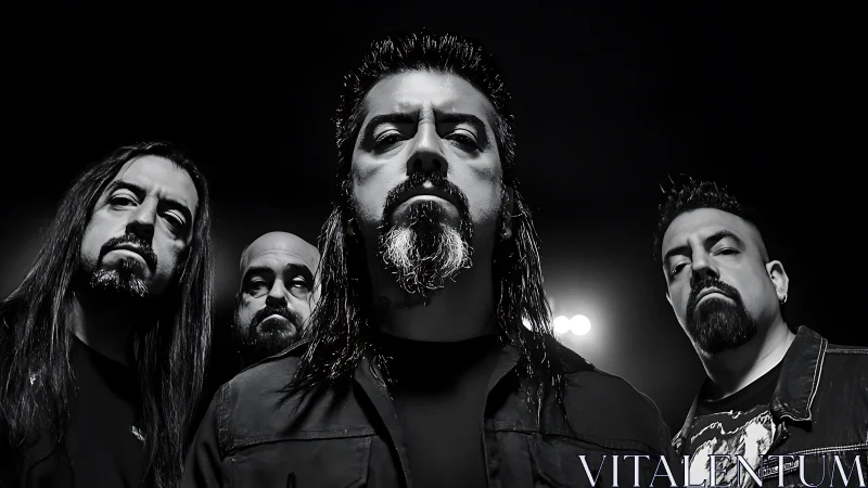 Intense metal band portrait in stark monochrome lighting.