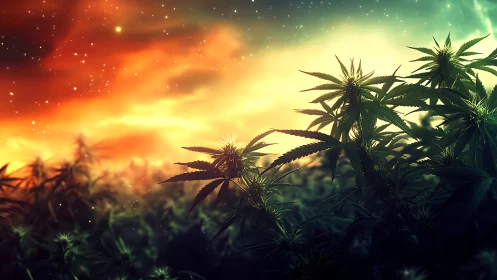 Cannabis plants under vivid cosmic sky at twilight.