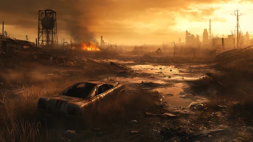 Post apocalyptic city ruins under burning orange sky.