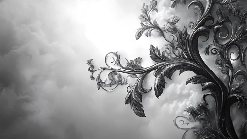 Ornate metallic tree silhouette contrasts against diffuse cloud field