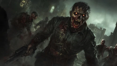 Undead soldier horde advancing through ruined city street.