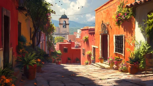 Sunlit Mexican hillside street glows with vibrant terraces.