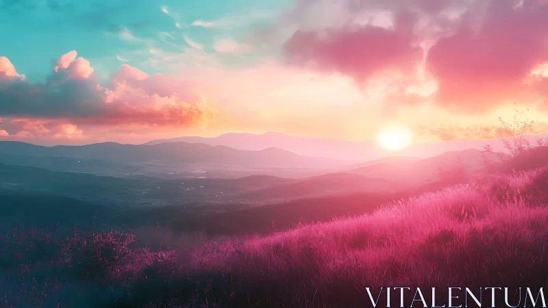 Sunset illuminates stylized pink hillside and distant mountains