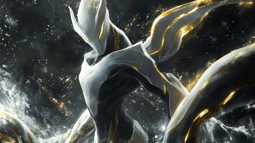 Silver celestial warrior emerges through liquid starlight