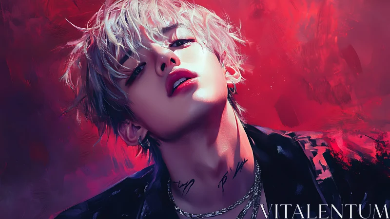 Androgynous idol portrait glows against vivid crimson backdrop