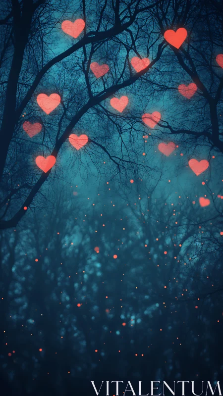 Glowing Hearts in Bare Forest at Night