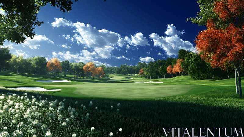 Sunlit golf course fairway under vivid autumn foliage.