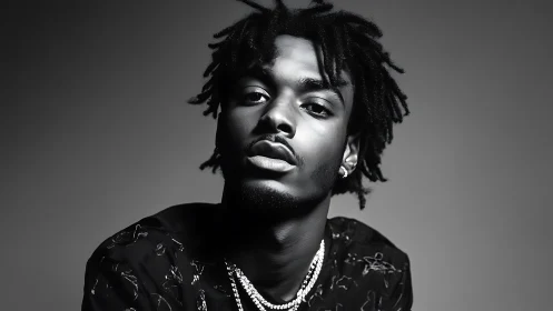 Monochrome portrait captures confident man with jewelry