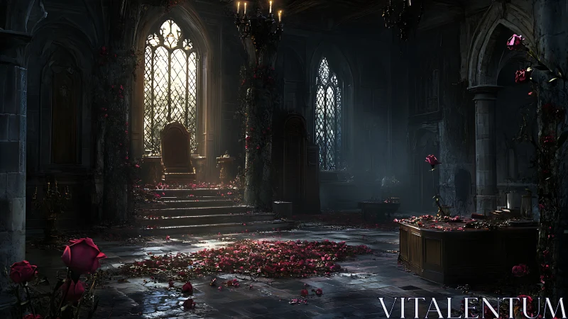 Gothic throne hall with scattered roses in digital painting focus.