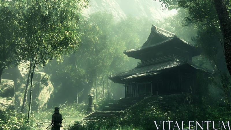 Lone wanderer approaches a misty forest shrine at dawn