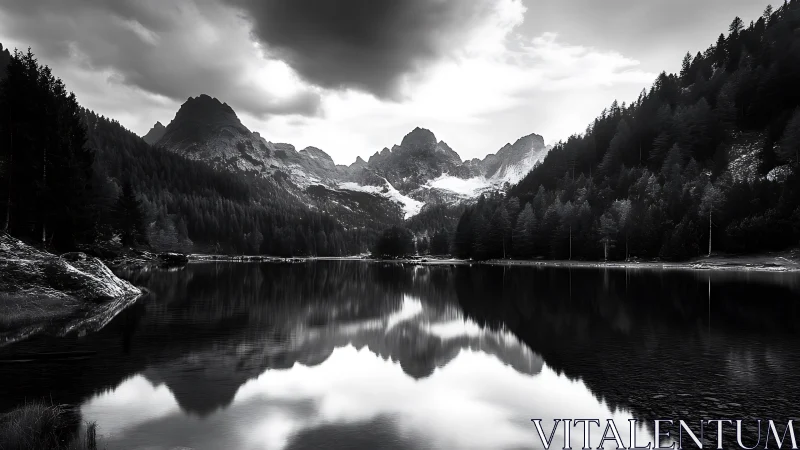 Mountain lake reflects forested slopes under heavy clouds