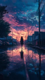 Solitary figure on rain-soaked urban street at vivid sunset