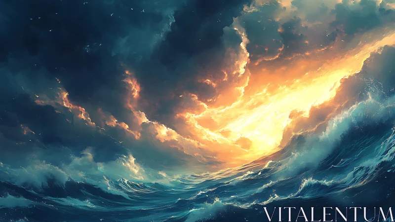 Stormy ocean waves under illuminated cloud vortex sky.