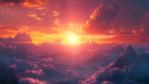 Digital mountain range under vivid red clouded sunset sky.