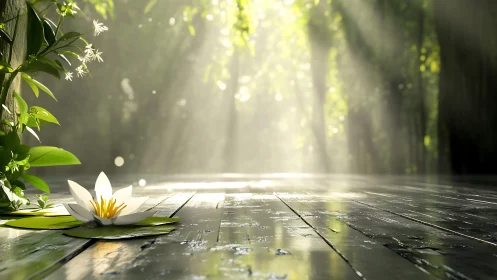 Gentle forest sunlight resting over a quiet water lily.