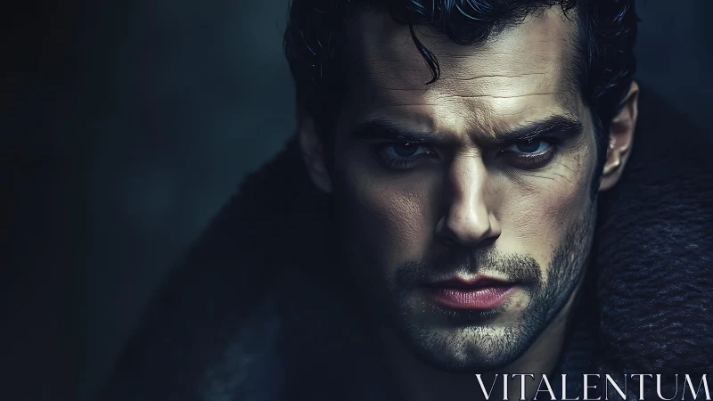 Intense portrait gazes through cool shadows with quiet power