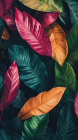 Tropical foliage displays saturated multicolored overlapping leaves