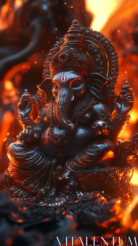 Radiant Ganesha statue glowing in molten ember light.