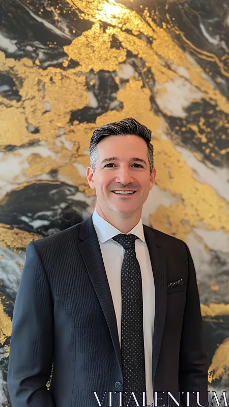 Poised professional smiling against luminous gold marble backdrop.